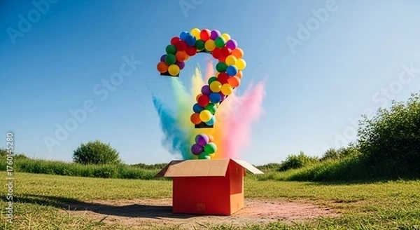 Obraz Colorful balloons burst from a cardboard box in a vibrant outdoor display during a sunny afternoon gender shower
