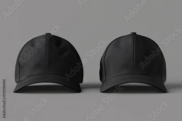 Obraz Two Black Caps facing forward against grey, product shot mockup for design, blank