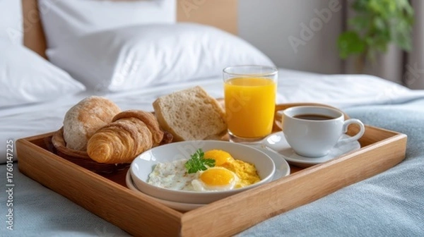 Obraz Breakfast Tray in Hotel Room with Fresh Eggs, Pastries, Juice, and Coffee on Bed