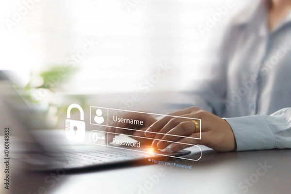 Obraz A businesswoman logs into a computer technology system on a laptop device by entering her name and password. Cybersecurity and wireless technology concept. A padlock to prevent theft or hacking.
