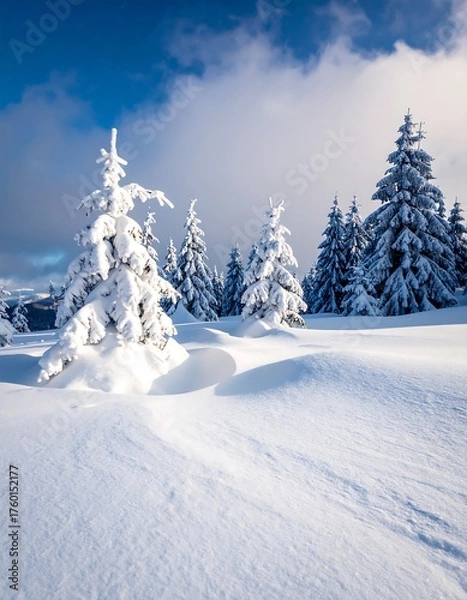 Obraz Snowy landscape with frost-covered evergreen trees under a cloudy blue sky