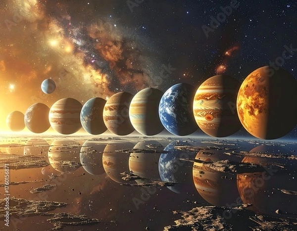 Obraz Solar System planets aligned against a backdrop of stars and nebulae