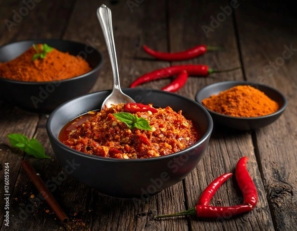 Obraz Spicy chili paste in bowl with whole peppers and spices
