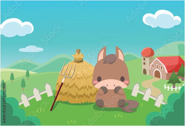 Obraz 午年　年賀素材　2026年　馬と牧場の家3　文字無し