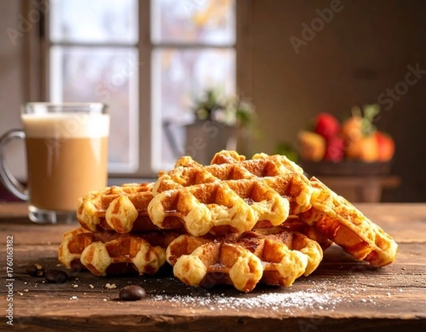 Obraz Stack of golden waffles dusted with sugar near coffee and fruit