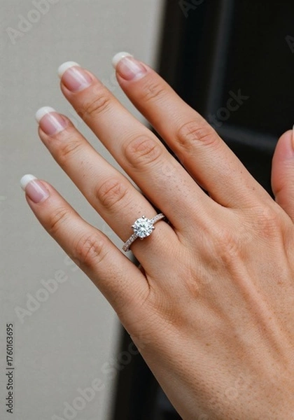 Fototapeta A Diamond's Embrace: An elegant hand, adorned with a dazzling diamond engagement ring, radiating timeless beauty and symbolizing love, commitment, and the promise of forever.