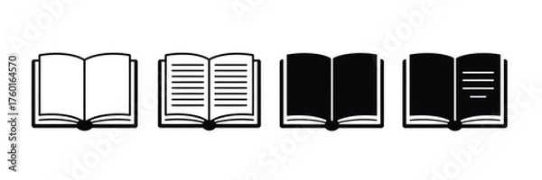 Obraz Four simple open book icons representing different states of pages and content isolated on white background