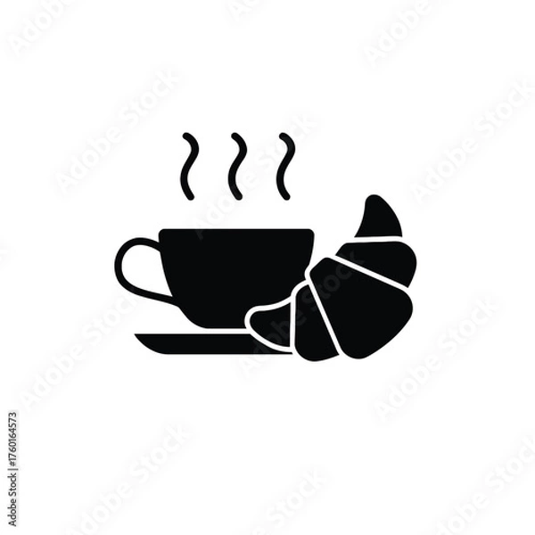Obraz Simple black silhouette icon of a steaming hot coffee cup with a croissant on a saucer isolated on white background