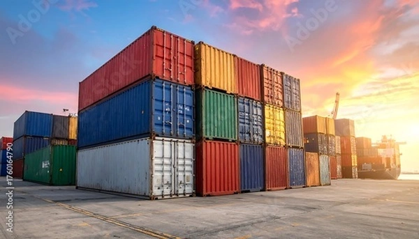 Obraz Stacked colorful shipping containers at sunset in a harbor setting