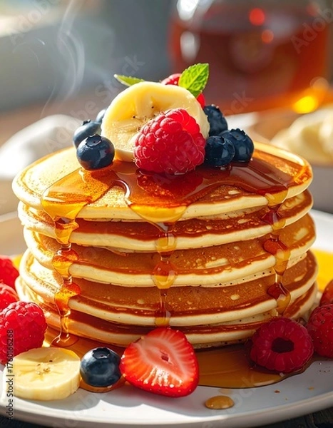 Obraz Stacked pancakes, adorned with fruit, drizzled with golden syrup