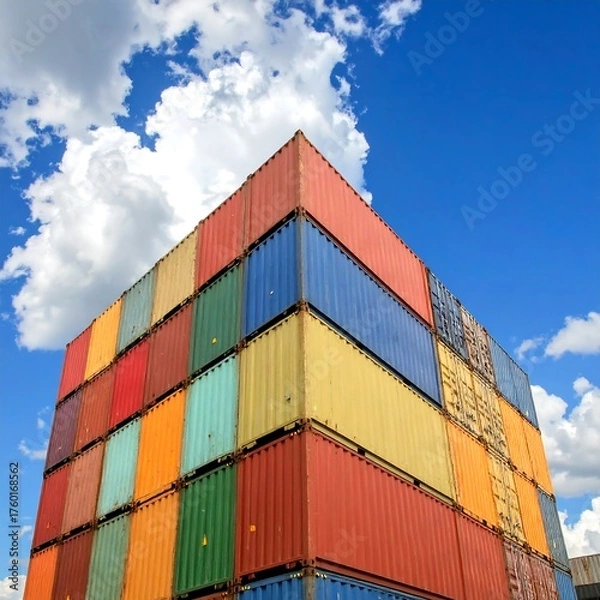 Obraz Stacked shipping containers against a bright blue, cloudy sky