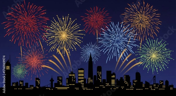 Fototapeta Fireworks display over city skyline, celebrating a special event with vibrant colors illuminating the night sky, creating a festive atmosphere