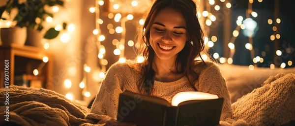 Obraz Cozy Evening Reading Under Fairy Lights with Happy Woman Smiling