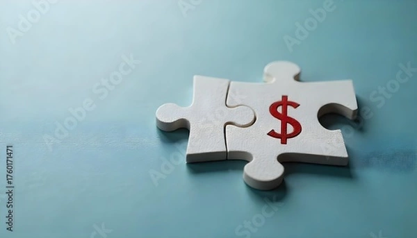 Fototapeta Image of two puzzle pieces, one with a dollar sign and the other with a red cross, representing healthcare finance