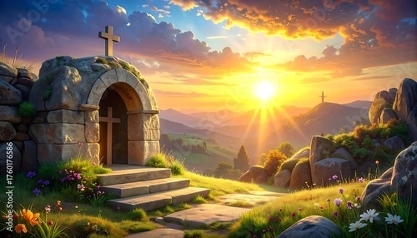 Obraz Stone structure with a cross at sunset overlooking a mountain vista