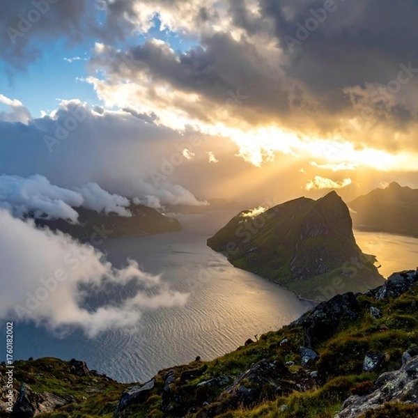 Obraz Sun illuminates a mountainous island and fjord, with clouds overhead