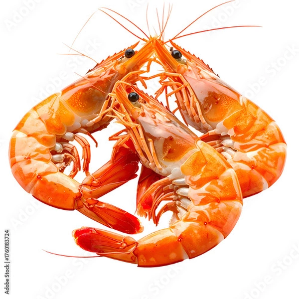 Fototapeta Three cooked shrimp in a semi-circular arrangement, isolated on a black background