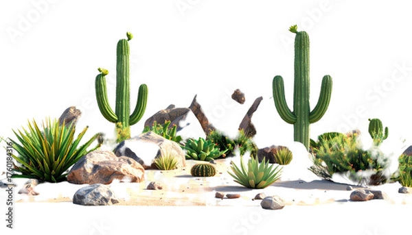Fototapeta Desert scene featuring cacti, rocks, various plants, and sandy ground against a black background