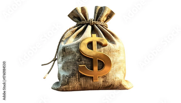 Fototapeta A detailed image of a burlap sack with a golden dollar sign, isolated on black