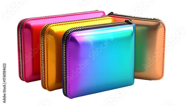 Fototapeta Array of vibrant, metallic zippered wallets with various color gradients