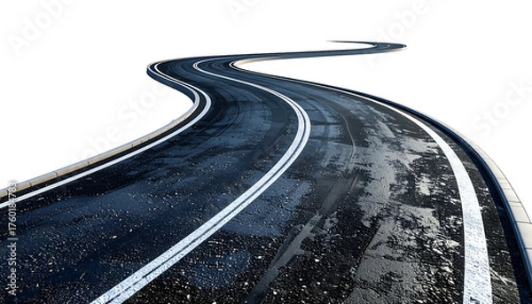 Fototapeta Winding asphalt road with white lane markings curves across a stark black void