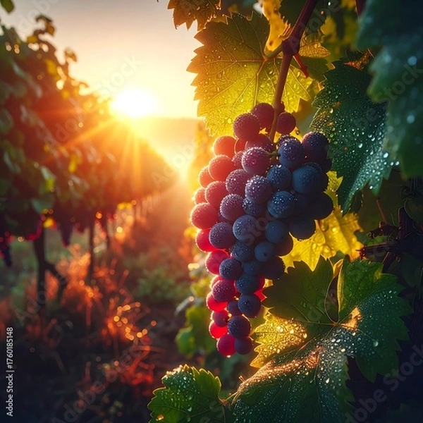 Obraz Sunlit grapes on vine with rows of grapes. Golden hour