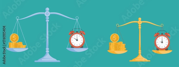 Fototapeta Money vs Time Vector Illustration – Balanced Scales with Alarm Clock and Currency Depicting Wealth Management, Value of Time, and Business Concept Design