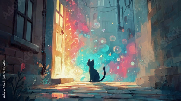 Obraz 光のポータルを見つめる黒猫の幻想的な夜