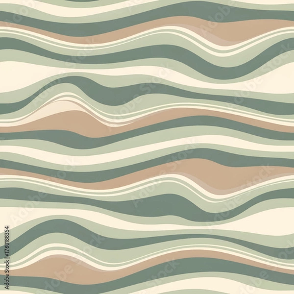 Fototapeta Seamless wavy stripe pattern in earthy tones, featuring flowing lines of sage green, beige, and light brown, creating a retro and organic design.