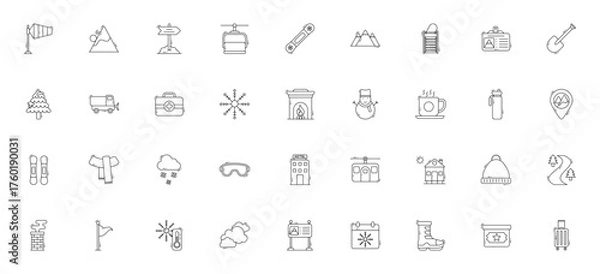 Fototapeta Ski resort icon set. Vector illustration. Includes smbols for ski lift, snowbord, mountain, avalanche, gggles, beanie, hotel, cabl car and more. Editable stoke.