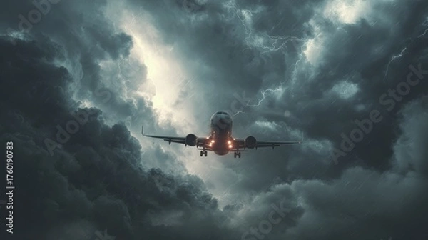 Fototapeta Stormy flight adventure skies above aircraft landing thunderous atmosphere dramatic perspective travel experience