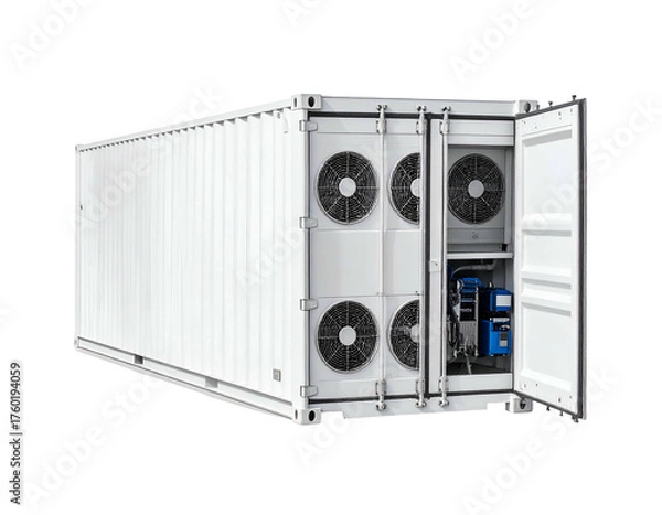 Fototapeta White shipping container with open doors revealing cooling equipment, fans, and machinery