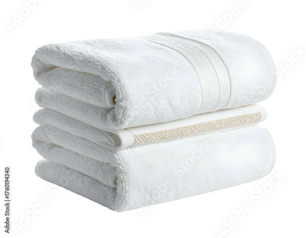 Fototapeta Stack of plush white towels, neatly folded, with a decorative band on the top