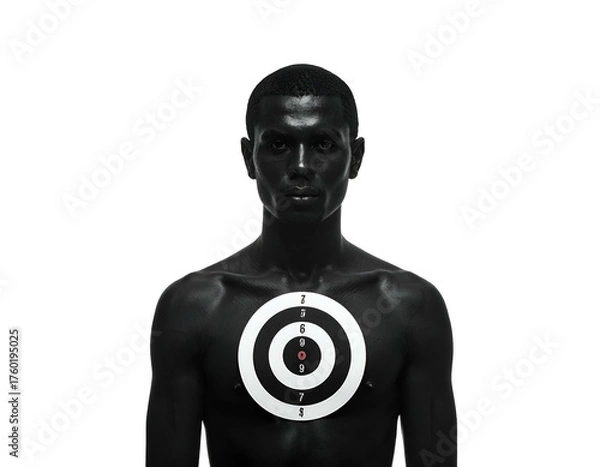 Fototapeta Dark-skinned person centered, a target affixed to their chest, stark black background