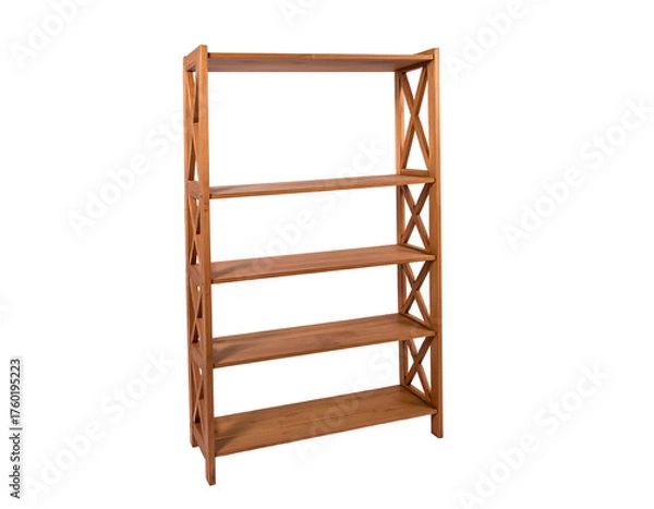 Fototapeta Tall, wooden bookshelf with four shelves, featuring decorative X-shaped side supports