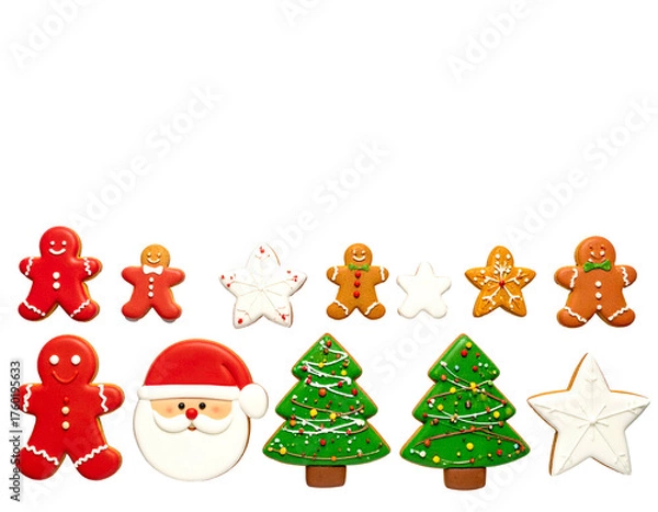 Fototapeta Array of festive, iced gingerbread cookies & a Santa cutout, on black backdrop