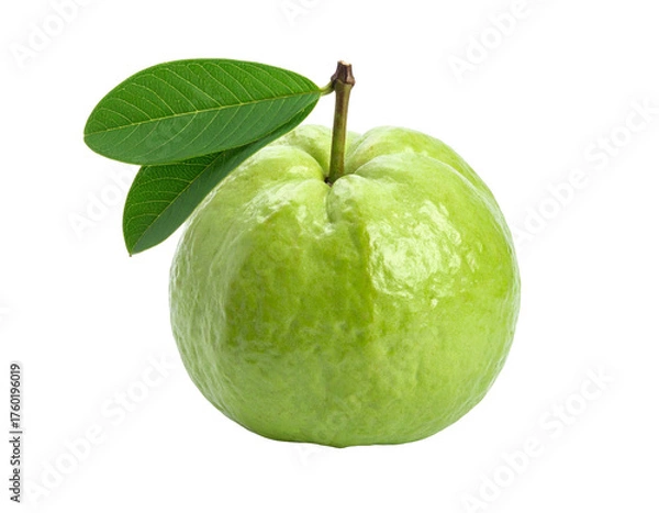 Fototapeta A vibrant green, tropical fruit with small leaves, isolated on a black background