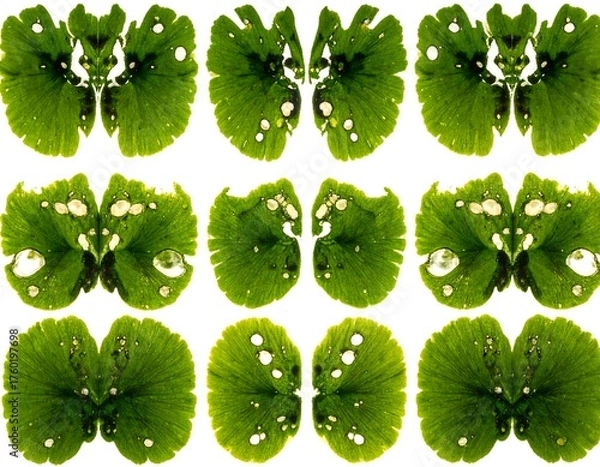 Obraz Symmetrical arrangement of green leaves with irregular holes