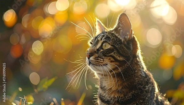 Fototapeta Tabby cat basks in golden sunlight amidst bokeh background