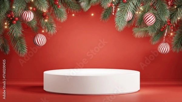 Fototapeta Festive Christmas Display Podium with Ornament and Pine Branch Decorations on a Red Background