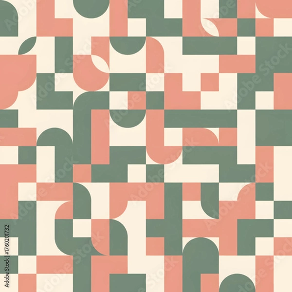 Fototapeta A geometric abstract pattern featuring interlocking shapes in muted coral, sage green, and cream.