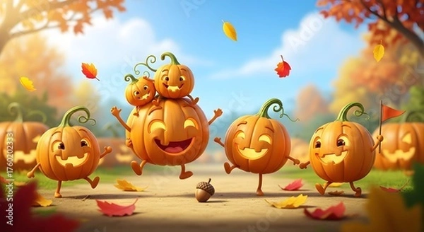 Fototapeta A joyous autumn celebration unfolds with a lively parade of cheerful, dancing cartoon pumpkins surrounded by vibrant fall leaves and an enchanting festive atmosphere