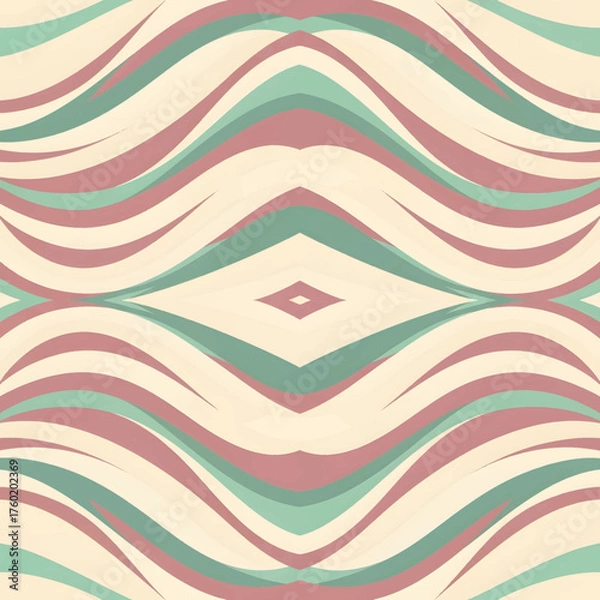 Fototapeta Abstract wave pattern with pink and teal lines on a beige background.