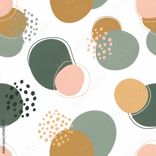 Fototapeta Abstract seamless pattern with organic shapes and dots in muted earthy tones of green, pink, and ochre.