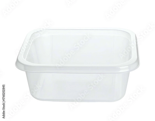 Fototapeta A transparent, square-shaped, plastic container, with slight curves on a black backdrop