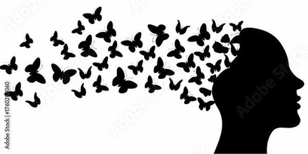 Fototapeta Conceptual artwork showcases a woman's silhouette with butterflies symbolizing thoughts, ideas, and transformation, perfect for mental health and wellness campaigns