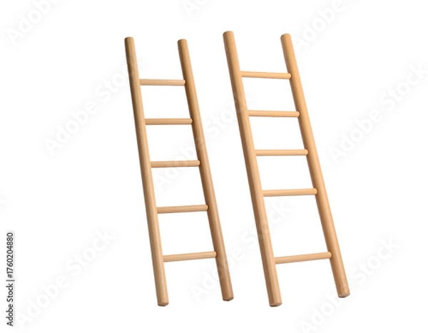 Fototapeta Two wooden ladders, slightly tilted, rendered with a light source from top left