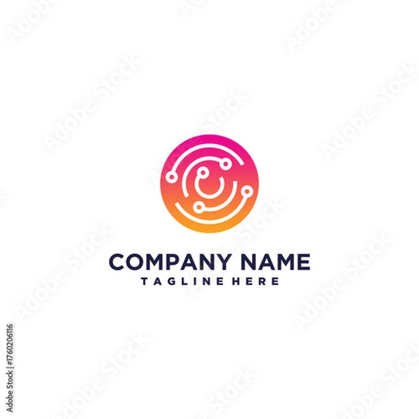 Fototapeta Technology connection logo design with abstract dots, molecules and system graphic design vector illustration. Symbol, icon, creative