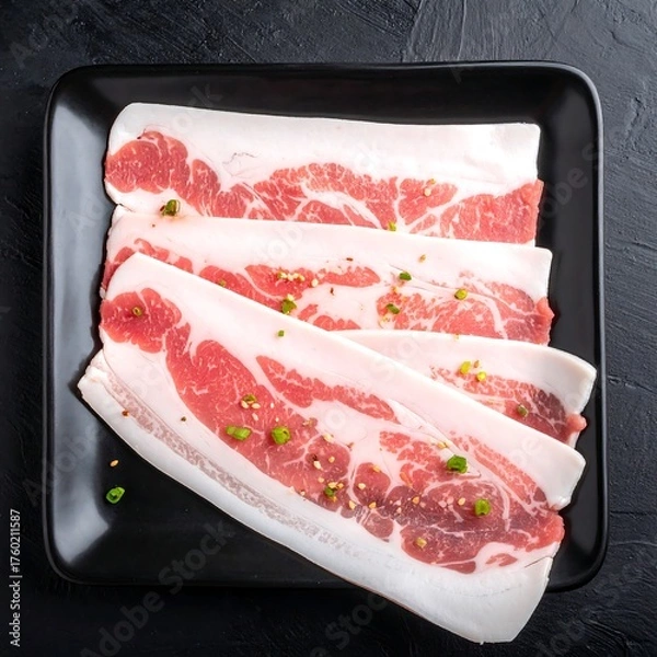 Obraz Thinly sliced, uncooked pork belly arranged on a black plate