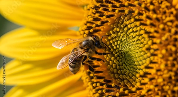 Fototapeta Busy honey bee actively pollinating a vibrant yellow sunflower in full bloom, highlighting nature's essential role in ecosystems.